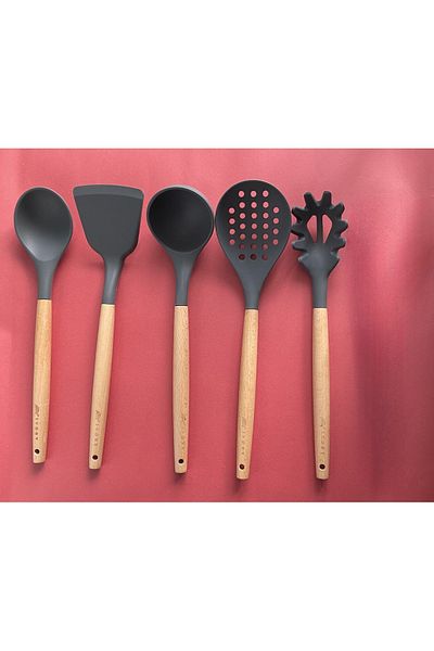 Multiamo Bamboo Handle Silicone Serving Set 5 Pieces, Ladle, Spoon, Colander, Pasta Spoon, Angled Spatula,