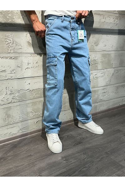 HAKİM BEY Men's Blue Cargo Pocket Baggy Jeans