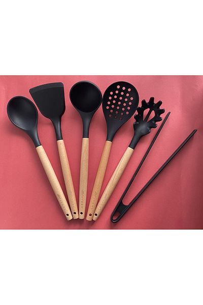 Multiamo Bamboo Handle Silicone Serving Set 6 Pieces, Ladle, Spoon, Colander, Pasta Spoon, Angled Spatula, Tongs