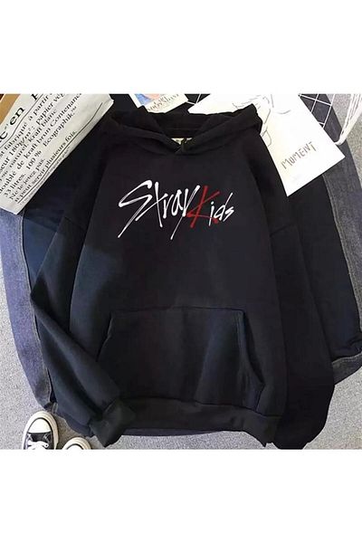 Gofeel Stray Kids Μαύρο Φούτερ με κουκούλα Oversize με στάμπα