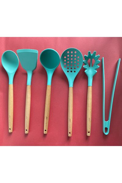 Multiamo Bamboo Handle Silicone Serving Set 6 Pieces, Ladle, Spoon, Colander, Pasta Spoon, Angled Spatula, Tongs