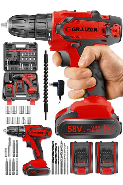 Graizer Alman 58 V 5 Ah Darbeli Metal Şanzuman Çift Vites Şarjlı Vidalama Matkap 24 Parça Set Sta