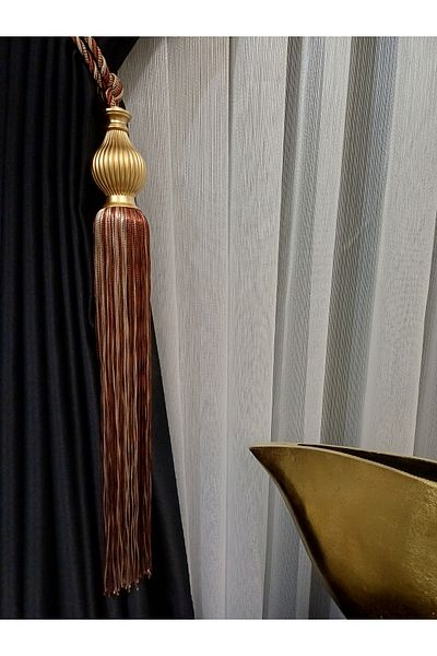 venedik home ستارة خلفية مزينة بشراشيب بلون المنك والبلاط وربط جانبي وستارة خلفية مفصلة باللون الذهبي