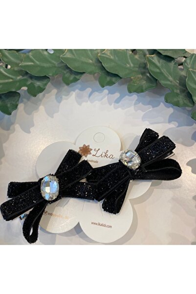 Lika 41 Işıltılı Kadife Taşlı Çiftli Fiyonk Toka Siyah