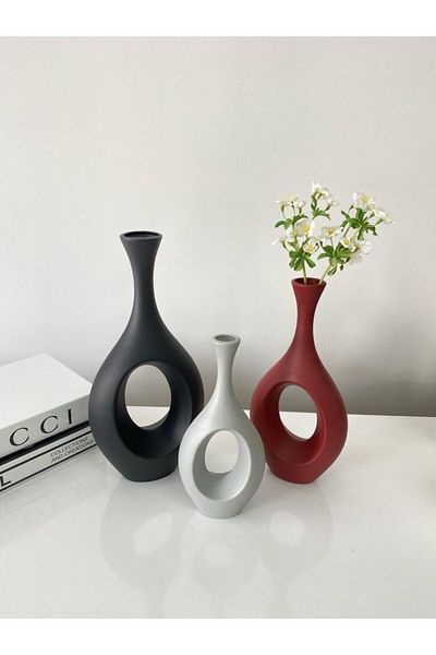 stilinbu Vază ceramică boemă hitită - set de 3 H253035 (NEGRU-ROȘU-GRIS)