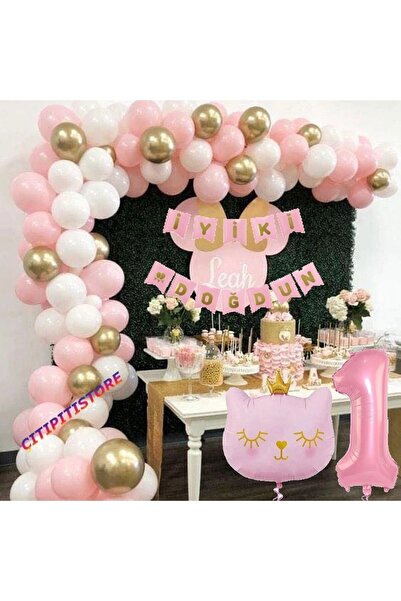 DÜVENCİ TİCARET Çıtıpıtıstore Pembe 1 Yaş Kedili Doğum Günü Balon Zincir Set