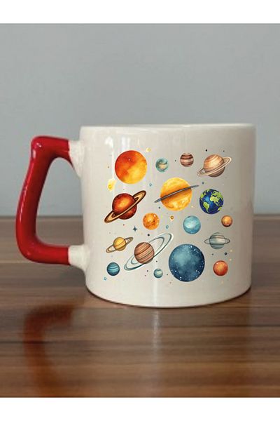 lili hediyelik Red Handle Mug with Universe Image - Ceramic Tea, Coffee Gift Cup