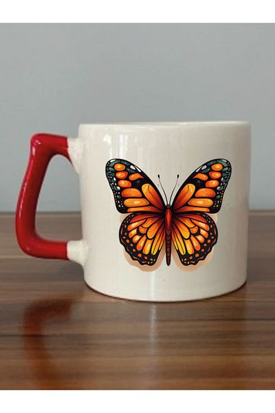 lili hediyelik Butterfly Red Handle Mug Cup - Ceramic Tea, Coffee Gift Cup