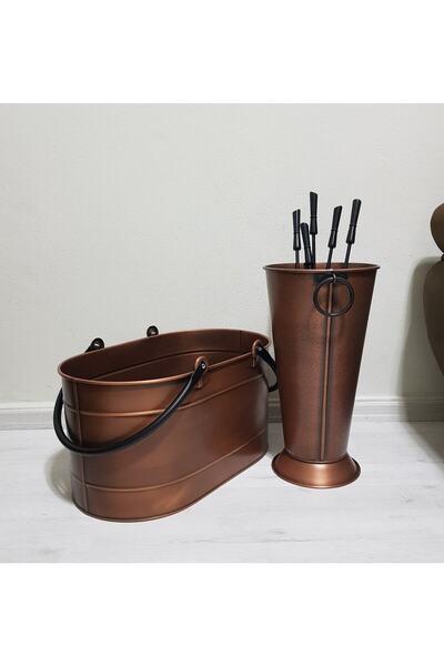 KOCHER Şömine Seti Antik Bakır Odun Kovası Sepeti Ve Maşa Seti