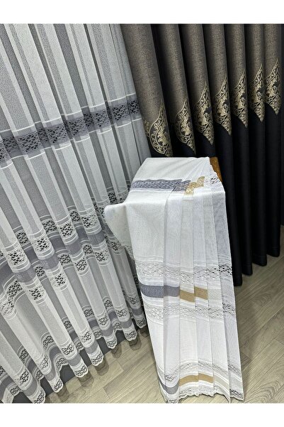 DENAS PER Fantezi Dantel İşlemeli Örme Tül Perde GRİ- 1x3 Sık Pile- 1.Kalite