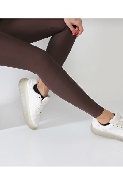 ŞULE BUTİK İki Beden Küçülten Kahverengi Yüksek Bel Içi Polarlı (ŞARDONLU) Toparlayıcı Dalgıç Kumaş Tayt