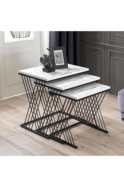 Mobievim Vienna Siyah Metal Ayaklı Mermer Desenli Mdf'li Zigon Sehpa