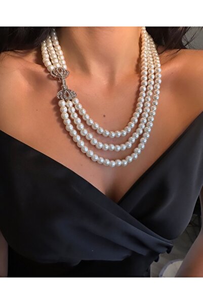 TMD AKSESUAR Yelpaze Zirkon Taşlı Antik Klipsli Üç Sıralı Cam İnci Kolye