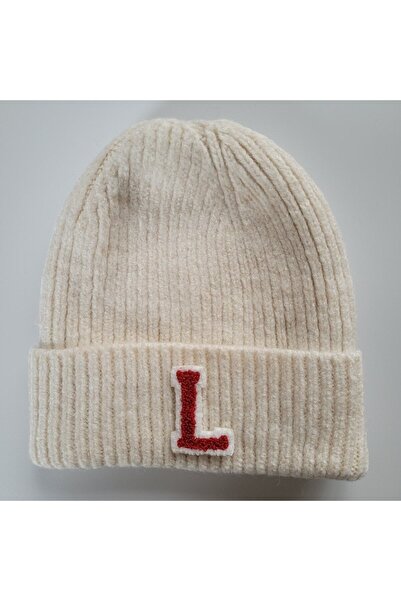 initialess L Letter Mohair Folded Knitted Ecru Wool Beret