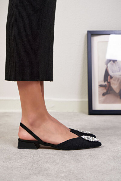 NİŞANTAŞI SHOES Lozano Black Kilim Stone Detail Dámská balerína balerína s elastickým zadním dílem