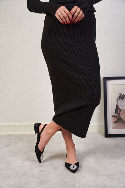 NİŞANTAŞI SHOES Lozano Black Kilim Stone Detail Dámská balerína balerína s elastickým zadním dílem