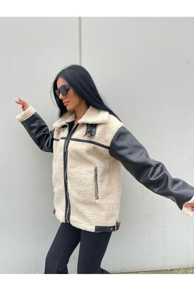 Gokilibutik Kadın Kolları siyah Deri Fermuarlı yakalı astarsız Teddy Kaban