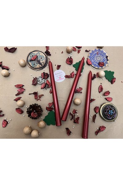 Verda Desing 🥇Dekoratif Metalik Kırmızı Şamdan Mumu 3 lü Set
