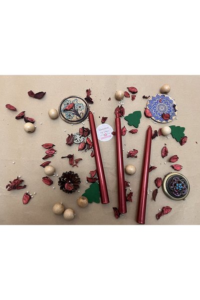Verda Desing 🥇Dekoratif Metalik Kırmızı Şamdan Mumu 3 lü Set