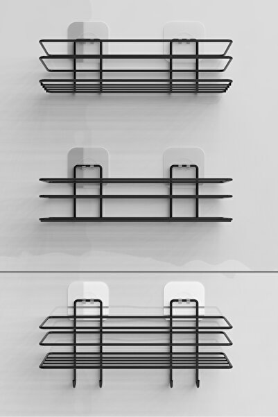 KARTEYA Set de 3 cu adeziv 4 cârlige Raft de baie din inox Negru mat Suport pentru șampon pentru baie Cabină de duș Umeraș pentru duș