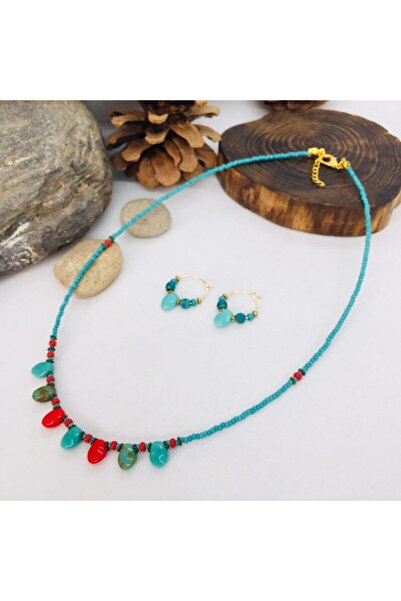 Porsuk Alternatif El Yapımı Etnik Otantik Hippi Bohem Cam Boncuk Kolye Küpe Set