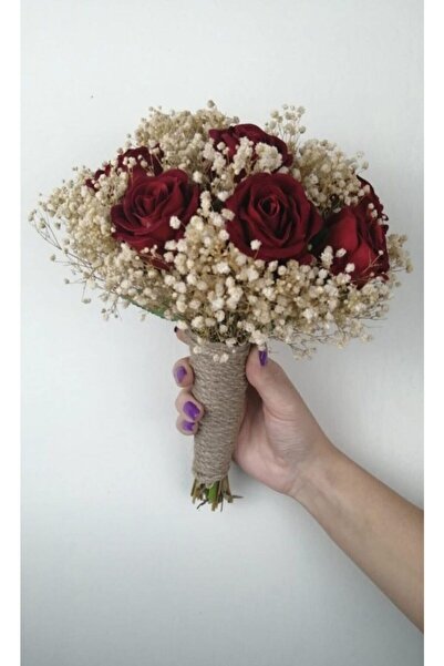 Merveparti Kadife Güllü Gelin Buketi Ve Damat Yaka Çiçeği,bordo , Yenigelin Ç...
