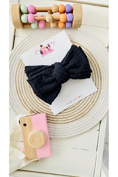 ALYA Black Stretch Fabric Double Bow Wrap Baby & Kids Bandana 0-6 Years