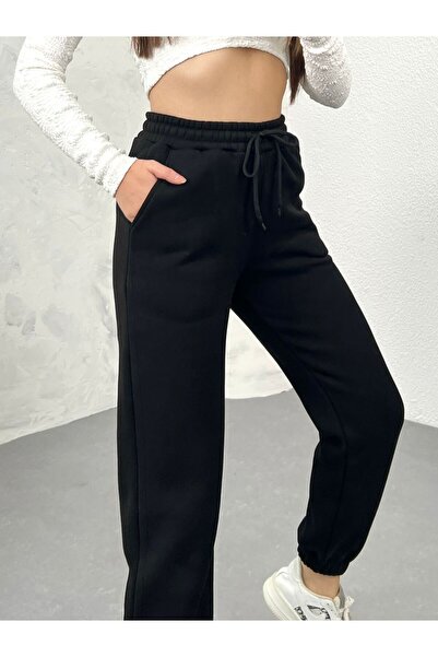 Ozy Fashion Μαύρο Fleece Ψηλόμεσο Ελαστικό Jogger Sweatpants - Γυναικείο Βασικό Μοντέλο Χειμώνα