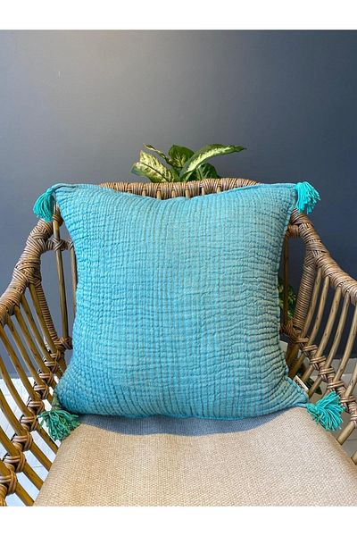 YASEMİNİNEVİ Muslin Turquoise Throw Pillow Cover (TWO PIECES)