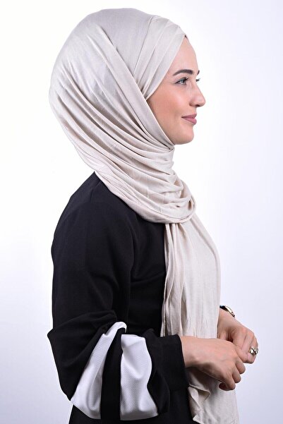 Ns nowascarf Tesettür Penye 3 Bantlı Hazır Şal Bej