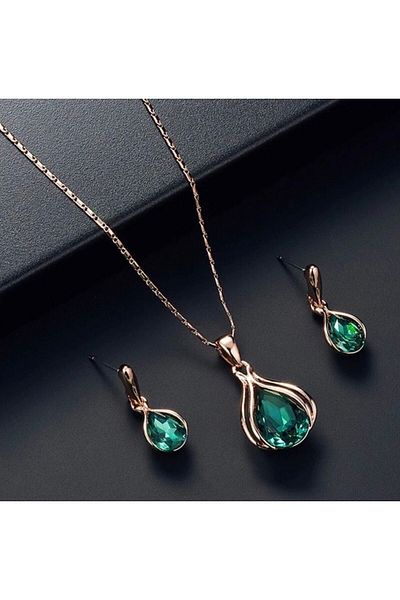 Takıtolia Elegant Elegant Water Drop Bright Green Crystal Rhinestone Necklace Earring Set