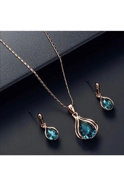 Takıtolia Elegant Elegant Water Drop Shiny Blue Crystal Jewelled Valentine's Gift Necklace Earring Set