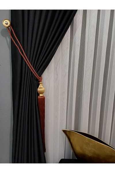venedik home Brick Color Tufted Background Curtain Side Binding Bracelet Gold Kutu Detailed Background Curtain Apparatus