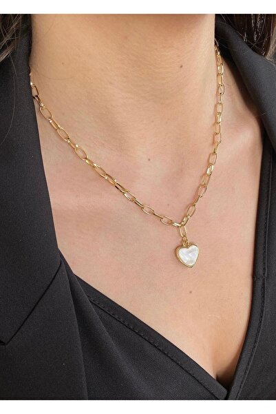 takıtarzım Gold Chain Mother of Pearl Heart Necklace