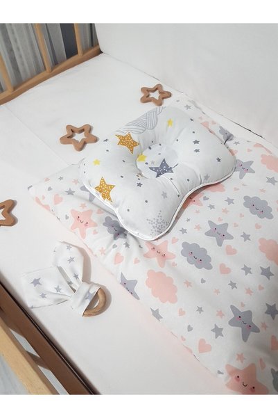 bebek_iklimi Double Sided Diaper Cushion Salmon (WITH HEAD CORRECTION PILLOW and TEETHER WOODEN RING GIFT)