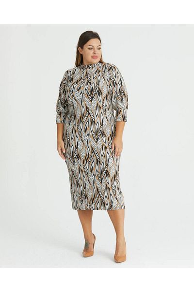 Butik Nilyam Γυναικείο φόρεμα με ζιβάγκο μεσαίου μήκους με λεπτομέρεια μισό μανίκι 22011 καφέ λευκό οβάλ