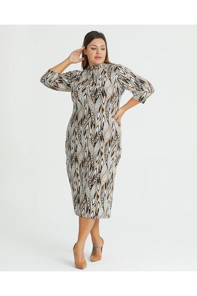 Butik Nilyam Γυναικείο φόρεμα με ζιβάγκο μεσαίου μήκους με λεπτομέρεια μισό μανίκι 22011 καφέ λευκό οβάλ