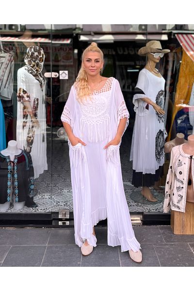 Sosyete Kaplumbağa Authentic Voile Cotton Guipure Detailed White Maxi Dress with Pockets
