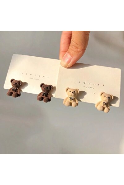 QUEEN AKSESUAR Moda trend ithal sevimli tüylü 3d boyutlu teddy bear papyon fiyonklu ayıcık çivi küpe bej krem