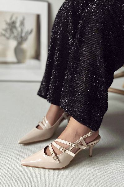POLKA STORE Obsession Triple Pointed Toe Three-Striped Buckle Beige Skin Ecru Nude Patent Leather Heeled Women's Shoes