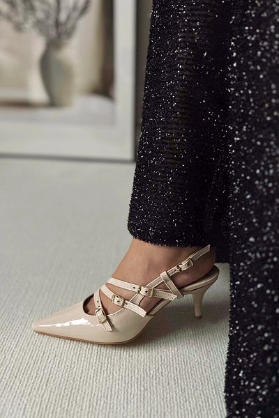 POLKA STORE Obsession Triple Pointed Toe Three-Striped Buckle Beige Skin Ecru Nude Patent Leather Heeled Women's Shoes