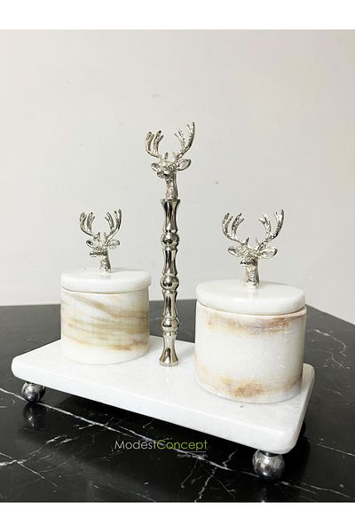 Modestmar Natural White Marble Spice Rack Set 3 Pieces with Lid Silver Deer Object Marble Spice Rack Set