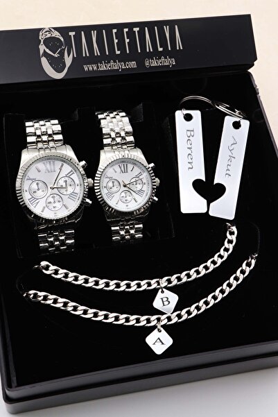 Northwatch Özel Kutuda Metal Çift Kol Saati, İsimli Çift Anahtarlık, Özel Künye Sevgili Kombini