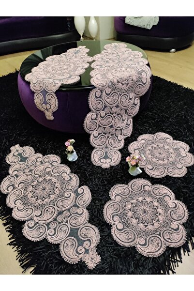 CAMİNHO DA LUA Damla 5 Parça Lüks Runner Salon Oda Sehpa Masa Örtü Takımı Fransız Güpürlü Çeyizlik Set Pudra