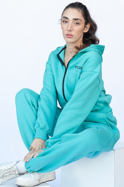 Vatkalimon Turquoise Zippered Hooded Crop Thick Fleece Inside Knitted Sweatshirt