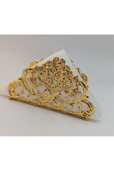 kristal home Gold Embroidered Crystal Stone Luxury Napkin Holder - Metal