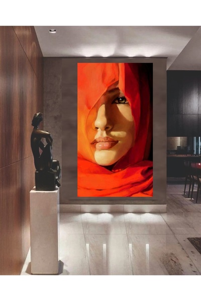 HDART Soyut Turuncu Eşarplı Saklı Yüz Kadın Kanvas Tablo Tablosu Ofis Cafe Re...