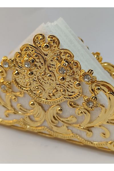 kristal home Gold Embroidered Crystal Stone Luxury Napkin Holder - Metal