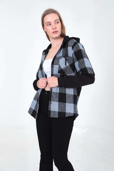 Sporting Kadın Açık Mavi Siyah Çıt Çıt Detaylı Oduncu Gömlek Sweatshirt