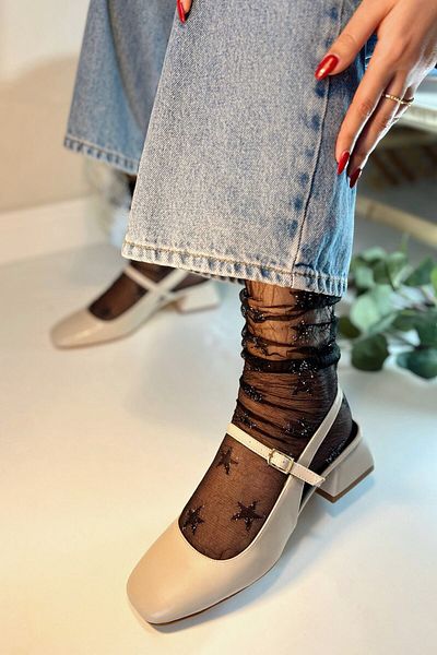 POLKA STORE Women's Audrey Beige Skin Nude Patent Leather Open Back Square Toe Helmet Short Block Heeled Shoes